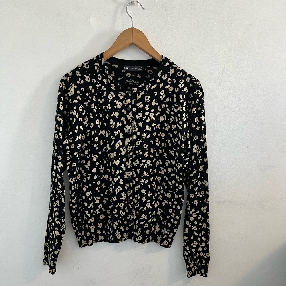 M&S Elegant Black and Cream Leopard Chic Patterned Statement Knit Cardigan